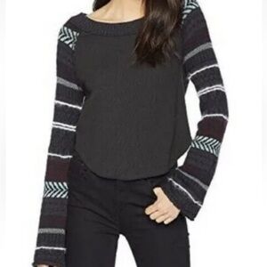 Free People Fairground Gray Thermal Long Sleeve Festival Boho Shirt XS